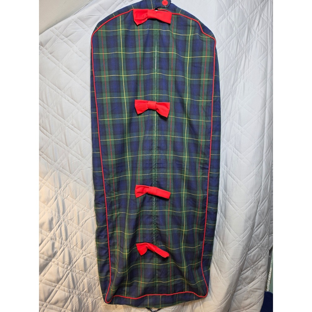 Vintage Tanner Plaid Garment Bag Green Blue Red Bows Travel Suit Dress Cover